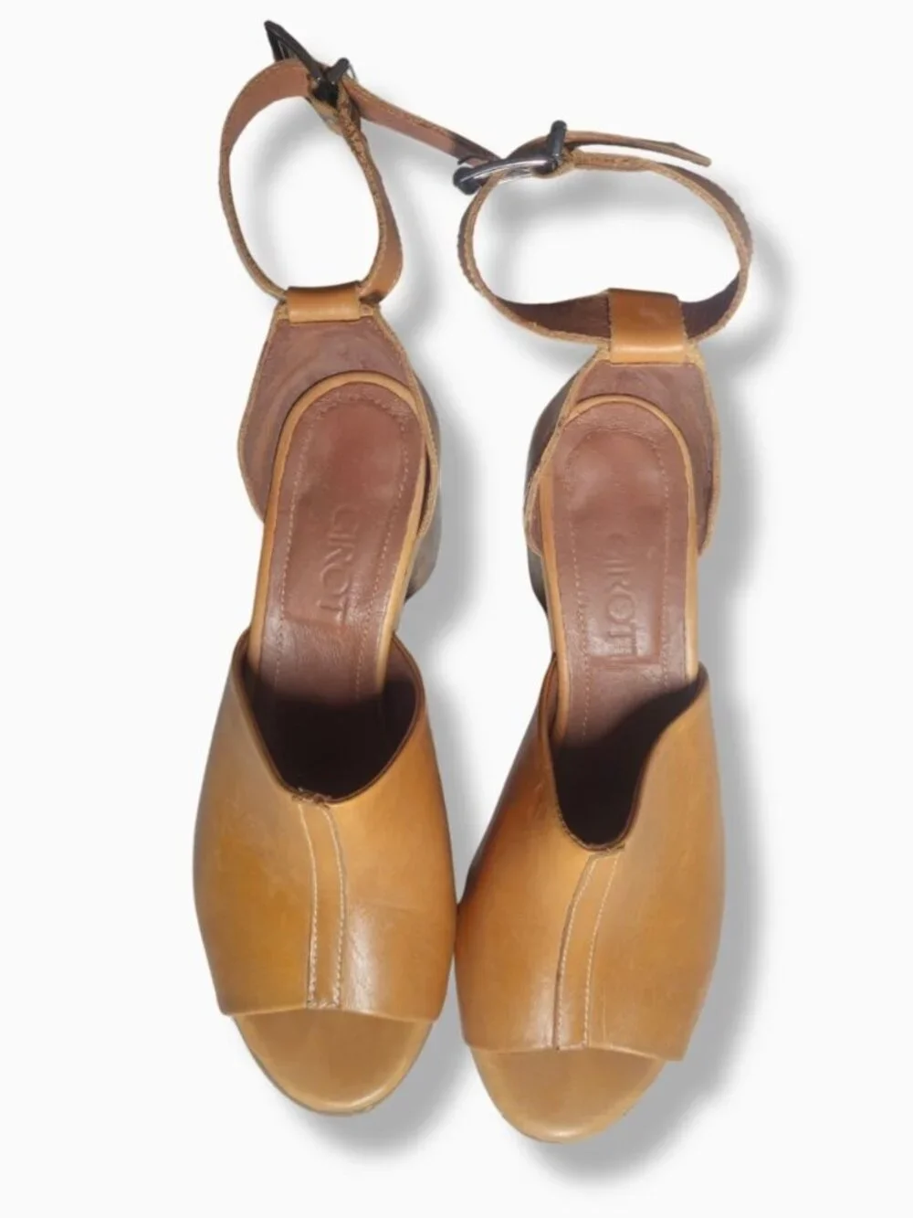Girotti Handmade Italian Camel Leather Peep-Toe Block Heel Sandals Size EU39 US9